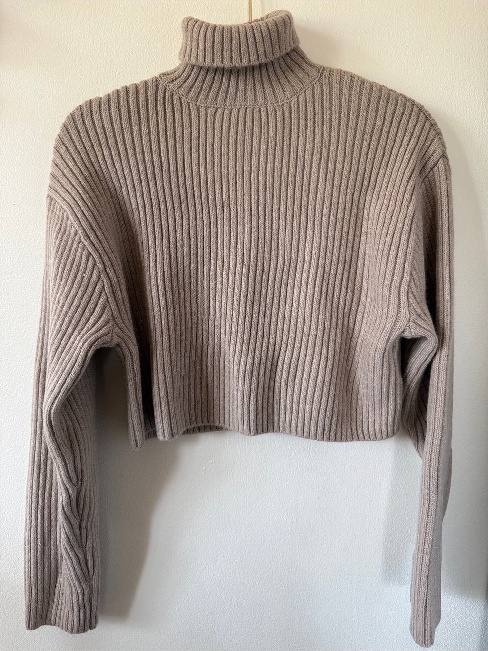 Turtleneck Ribbed Cropped Sweater - Taupe
